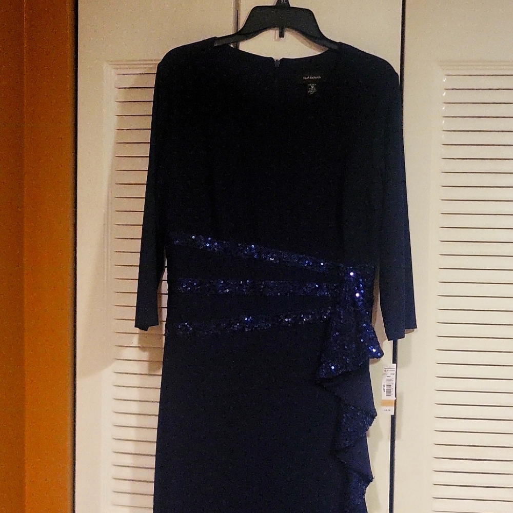 R&M Richards Sequin Navy Ruffle Maxi Dress Size 12